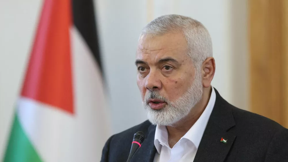 FILE PHOTO: Palestinian group Hamas' top leader, Ismail Haniyeh speaks during a press conference in Tehran, Iran, March 26, 2024. Majid Asgaripour/WANA (West Asia News Agency) via REUTERS/File Photo ATTENTION EDITORS - THIS PICTURE WAS PROVIDED BY A THIRD PARTY.