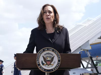 Vice President Kamala Harris delivers remarks at George Bush Intercontinental Airport, Thursday, Aug. 1, 2024, in Houston. (AP Photo/LM Otero)