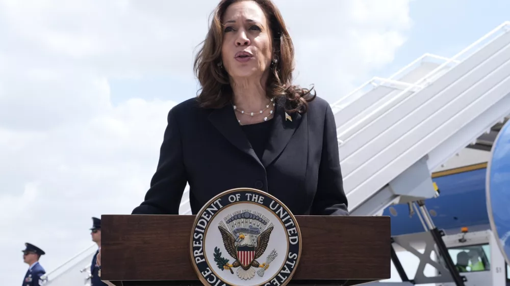 Vice President Kamala Harris delivers remarks at George Bush Intercontinental Airport, Thursday, Aug. 1, 2024, in Houston. (AP Photo/LM Otero)