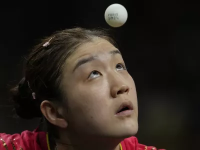 China's Chen Meng plays against Austria's Sofia Polcanova during a women's singles quarterfinal table tennis match at the 2024 Summer Olympics, Thursday, Aug. 1, 2024, in Paris, France. (AP Photo/Petros Giannakouris)