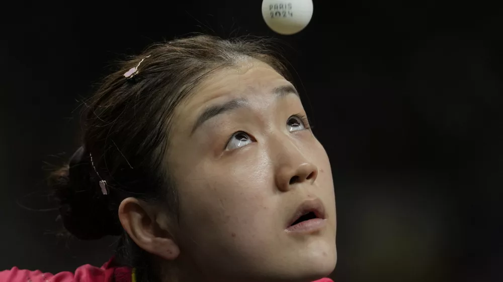 China's Chen Meng plays against Austria's Sofia Polcanova during a women's singles quarterfinal table tennis match at the 2024 Summer Olympics, Thursday, Aug. 1, 2024, in Paris, France. (AP Photo/Petros Giannakouris)