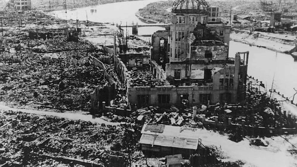 ﻿epa000494916 A handout photograph of the Hiroshima A-bomb Dome photographed by U.S. military following the atomic bomb drop on Hiroshima that killed over 140,000 people on 06 August 1945. The building, originally Hiroshima Prefectural Industrial Promotion Hall, was just160 meters northwest of the hypocenter. The skeletal structure of the dome standing above the city's ruins was a conspicuous landmark and has now become known officially as the A-bomb Dome. 06 August 2005 marks the 60th anniversary of the Hiroshima A-bomb blast. EPA/A PEACE MEMORIAL MUSEUMHANDOUT