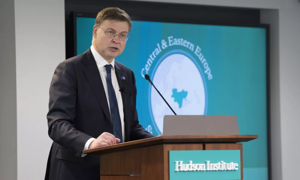 European Commission Executive Vice President Valdis Dombrovskis speaks at the Hudson Institute Central and Eastern European Summit during the 2024 Spring Meetings of the International Monetary Fund and the World Bank Group in Washington, DC, 18 April 2024. Photo by Chris Kleponis