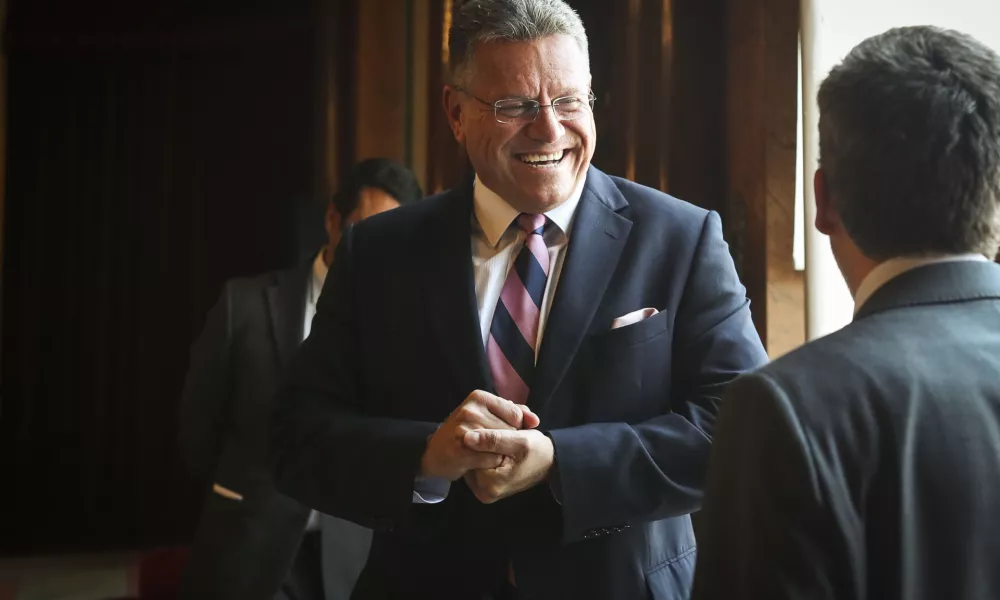 European Commission Vice President Maroš Šefčovič at the Lisbon City Hall for a Lunch with Mayor of Lisbon (and former Commissioner) Carlos Moedas in Lisbon on July 1, 2024.