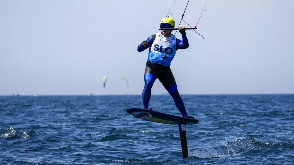 Toni Vodisek of Slovenia reacts as he crosses the finish line during the 2024 Summer Olympics, Tuesday, Aug. 6, 2024, in Marseille, France. (AP Photo/Jacquelyn Martin)