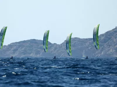 Paris 2024 Olympics - Sailing - Men's Kite Final - Marseille Marina, Marseille, France - August 08, 2024. Riccardo Pianosi of Italy, Toni Vodisek of Slovenia, Maximilian Maeder of Singapore and Valentin Bontus of Austria in action. REUTERS/Andrew Boyers