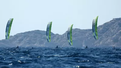 Paris 2024 Olympics - Sailing - Men's Kite Final - Marseille Marina, Marseille, France - August 08, 2024. Riccardo Pianosi of Italy, Toni Vodisek of Slovenia, Maximilian Maeder of Singapore and Valentin Bontus of Austria in action. REUTERS/Andrew Boyers