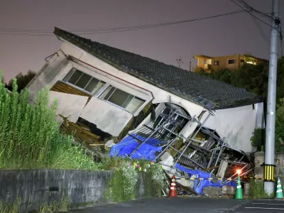 A collapsed house is seen following an earthquake in Osaki town, Kagoshima prefecture, southwestern Japan, August 8, 2024, in this photo taken by Kyodo. Mandatory credit Kyodo/via REUTERS ATTENTION EDITORS - THIS IMAGE HAS BEEN SUPPLIED BY A THIRD PARTY. MANDATORY CREDIT. JAPAN OUT. NO COMMERCIAL OR EDITORIAL SALES IN JAPAN.