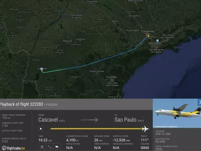 Brazilija.Posnetek poti potniskega letala, ki je danes strmoglavilo v mestu Vinhedo v brazilski zvezni drzavi Sao Paulo. Na letalu je bilo 62 ljudi.Foto: Flightradar24