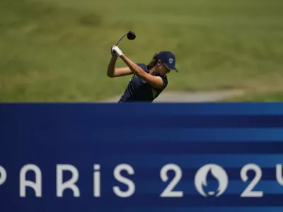 Pia Babnik, of Slovenia, plays off the 7th tee during the final round of the women's golf event at the 2024 Summer Olympics, Saturday, Aug. 10, 2024, at Le Golf National, in Saint-Quentin-en-Yvelines, France. (AP Photo/Matt York)