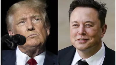 This combination of photos shows former President Donald Trump during rally in Minden, Nev., Oct. 8, 2022, left, and Elon Musk in Wilmington, Del., July 12, 2021. (AP Photo)