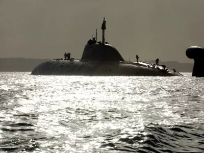 ** FILE ** One of Russia's Shchuka (Pike) class (NATO reporting name: Akula) nuclear submarines, The Vepr (Wild boar), the same type as The Nerpa (Seal), where at least 20 people were killed in an accident, seen heading towards Brest harbor, western France, after a series of exercises in the Atlantic with French navy ships, in this Tuesday Sept. 21, 2004, file photo. An accident aboard The Nerpa making a test run in the Sea of Japan killed at least 20 people, when a fire-extinguishing system went into operation in error aboard the submarine, officials said Sunday, Nov. 9, 2008. (AP Photo/Franck Prevel, File)