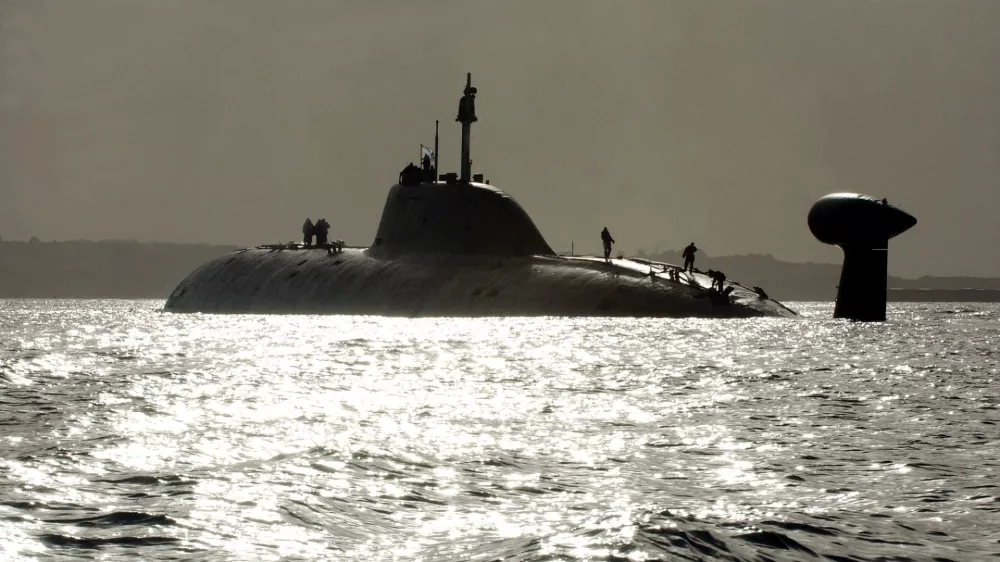 ** FILE ** One of Russia's Shchuka (Pike) class (NATO reporting name: Akula) nuclear submarines, The Vepr (Wild boar), the same type as The Nerpa (Seal), where at least 20 people were killed in an accident, seen heading towards Brest harbor, western France, after a series of exercises in the Atlantic with French navy ships, in this Tuesday Sept. 21, 2004, file photo. An accident aboard The Nerpa making a test run in the Sea of Japan killed at least 20 people, when a fire-extinguishing system went into operation in error aboard the submarine, officials said Sunday, Nov. 9, 2008. (AP Photo/Franck Prevel, File)