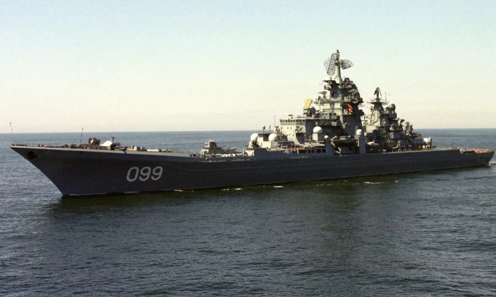 The 19,000-ton nuclear-powered cruiser "Peter the Great" is seen in this June 2003 file photo. Russia said on Monday it would send a heavily-armed nuclear-powered cruiser to the Caribbean for a joint naval exercise with Venezuela, its first major manoeuvres on the United States' doorstep since the Cold War. Russian Foreign Ministry spokesman Andrei Nesterenko said on Monday that the naval mission to Venezuela would include the nuclear-powered battle cruiser "Peter the Great", one of the world's largest combat battleships.   REUTERS/Stringer (RUSSIA)