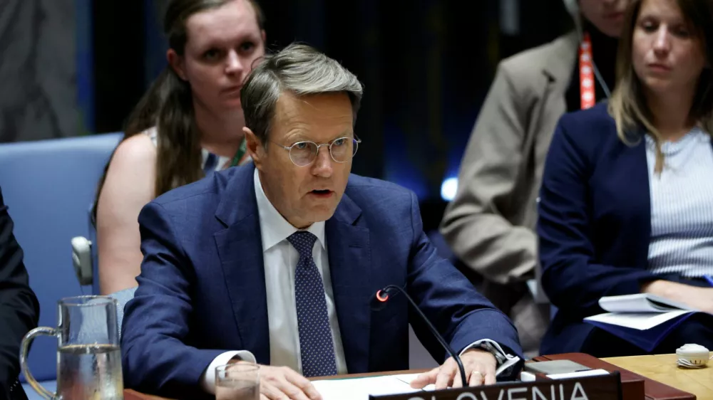 Slovenia's representative to the Security Council Samuel Zbogar speaks as the United Nations Security Council meets publicly to discuss the Israel-Hamas conflict in Gaza, at the U.N. headquarters in New York City, U.S., August 13, 2024. REUTERS/Eduardo Munoz