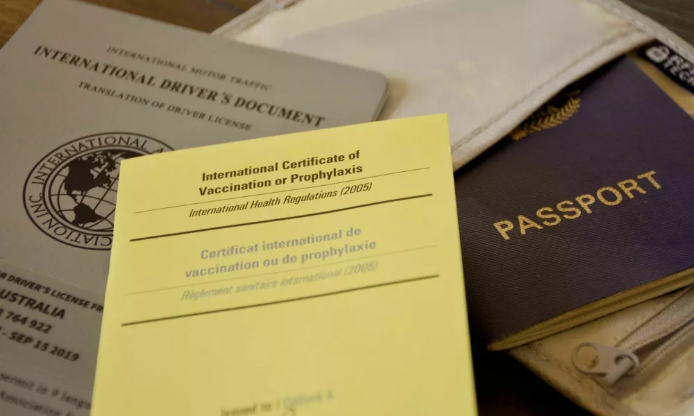 MADRFR Blue passport with international vaccination certificate and international drivers licence on a dark wooden background