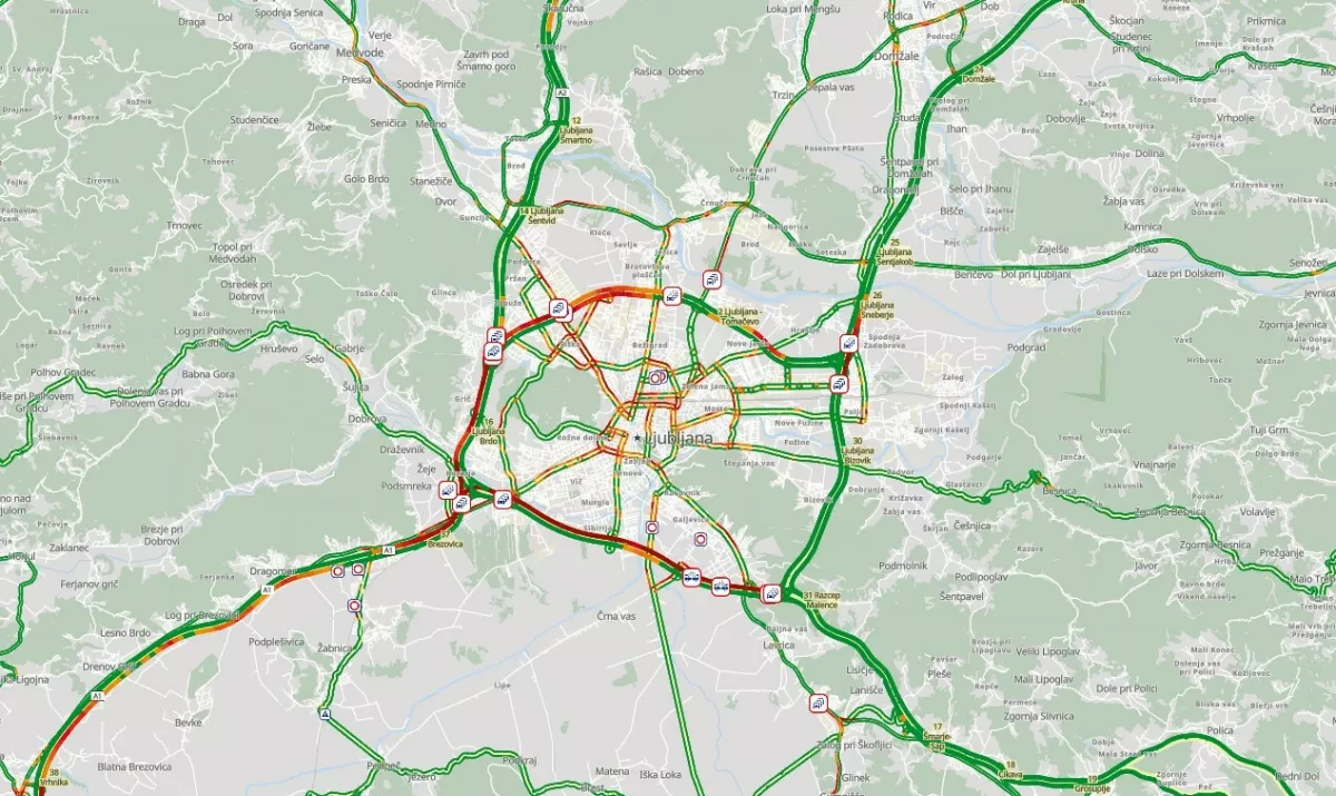 Grafični prikaz gneče na ljubljanski obvoznici.