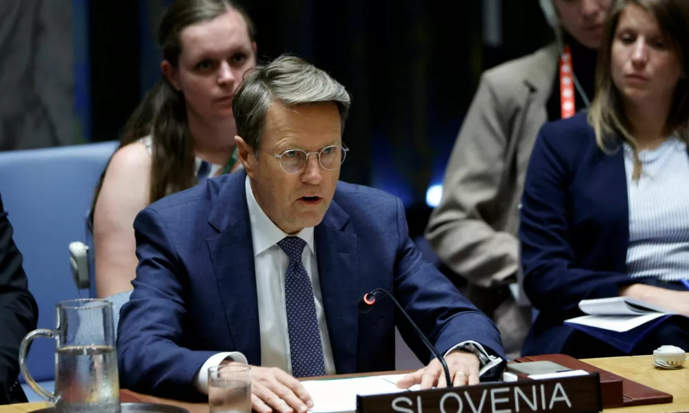 Slovenia's representative to the Security Council Samuel Zbogar speaks as the United Nations Security Council meets publicly to discuss the Israel-Hamas conflict in Gaza, at the U.N. headquarters in New York City, U.S., August 13, 2024. REUTERS/Eduardo Munoz