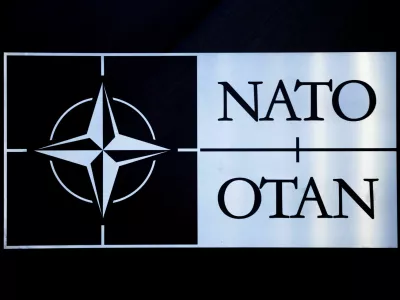 FILE PHOTO: The logo of NATO is seen at a meeting of the North Atlantic Council in the NATO defence ministers' session together with Sweden as the invitee, at the Alliance's headquarters in Brussels, Belgium February 15, 2024. REUTERS/Johanna Geron/File Photo