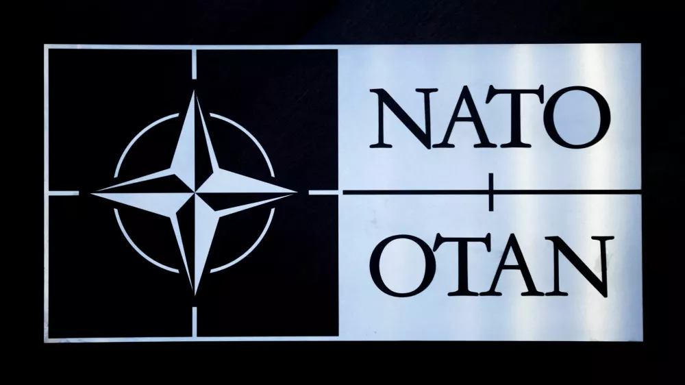 FILE PHOTO: The logo of NATO is seen at a meeting of the North Atlantic Council in the NATO defence ministers' session together with Sweden as the invitee, at the Alliance's headquarters in Brussels, Belgium February 15, 2024. REUTERS/Johanna Geron/File Photo