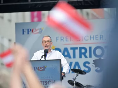 FILE PHOTO: Austrian head of Freedom Party (FPOe) Herbert Kickl delivers a speech during the final EU election rally in Vienna, Austria, June 7, 2024. REUTERS/Elisabeth Mandl/File Photo