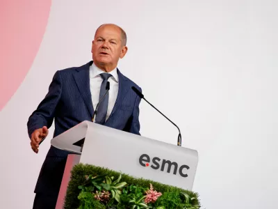 German Chancellor Olaf Scholz speaks during the ceremony for Taiwanese chip maker TSMC's first European plant in the eastern city of Dresden, Germany, August 20, 2024. REUTERS/Axel Schmidt