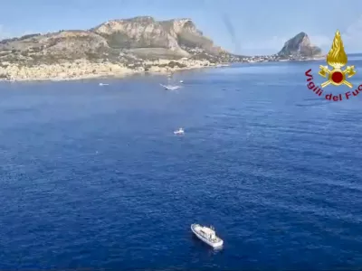 This picture taken from a video released by the Italian Firefighters on Monday, Aug. 19, 2024, shows the stretch of Sea near Palermo, Sicily, in southern Italy, where the sailing yacht Bayesian under the UK flag sank early Monday. (Vigili del Fuoco via AP, HO)