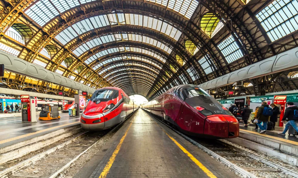 R9214C MILANO, ITALY - DECEMBER 12, 2018: TRENITALIA FRECCIAROSSA and NTV ITALO trains waiting at Milano Centrale station