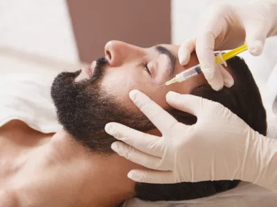 Bearded man getting anti-wrinkle face filler treatment by beautician / Foto: Oleksandra Polishchuk