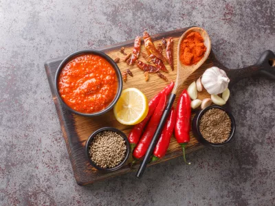 Hot chilli pepper sauce paste harissa, Arabic cuisine adjika on the bowl on wooden board with ingredients closeup. Horizontal top view from above / Foto: Alleko