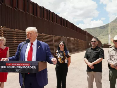 Republican presidential nominee and former U.S. President Donald Trump speaks during a visit at the frontier with Mexico in Hereford, Cochise County, Arizona, U.S. August 22, 2024. REUTERS/Go Nakamura