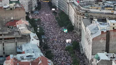 A drone view shows Serbians gathered to protest mining group Rio Tinto's plans to open a lithium mine, in Belgrade, Serbia August 10, 2024. REUTERS/Fedja Grulovic