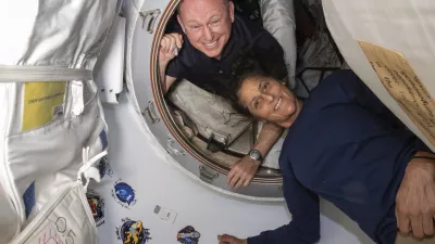 FILE - In this photo provided by NASA, Boeing Crew Flight Test astronauts Butch Wilmore, left, and Suni Williams pose for a portrait inside the vestibule between the forward port on the International Space Station's Harmony module and Boeing's Starliner spacecraft on June 13, 2024. (NASA via AP, File)