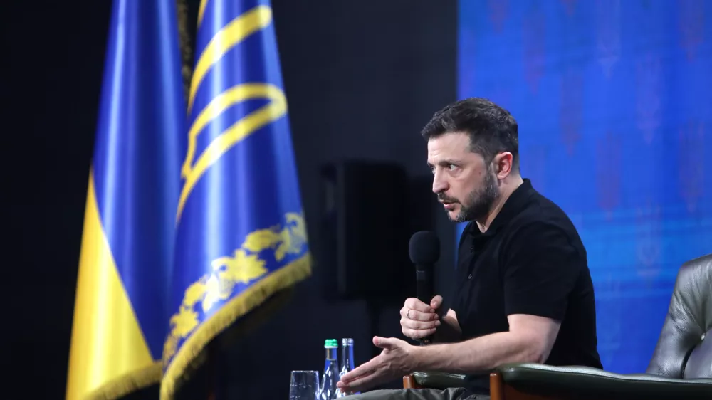 27 August 2024, Ukraine, Kyiv: President of Ukraine Volodymyr Zelensky holds a news conference during the Ukraine 2024. Independence Forum. Photo: -/Ukrinform/dpa