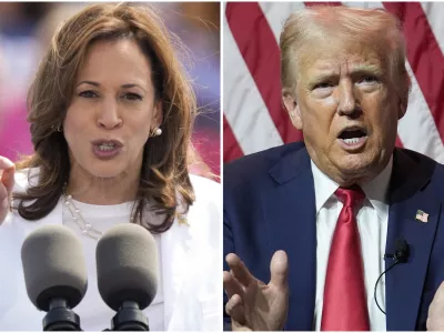 This combination of photos shows Vice President Kamala Harris, left, on Aug. 7, 2024 and Republican presidential candidate former President Donald Trump on July 31, 2024. (AP Photo/Charles Rex Arbogast)