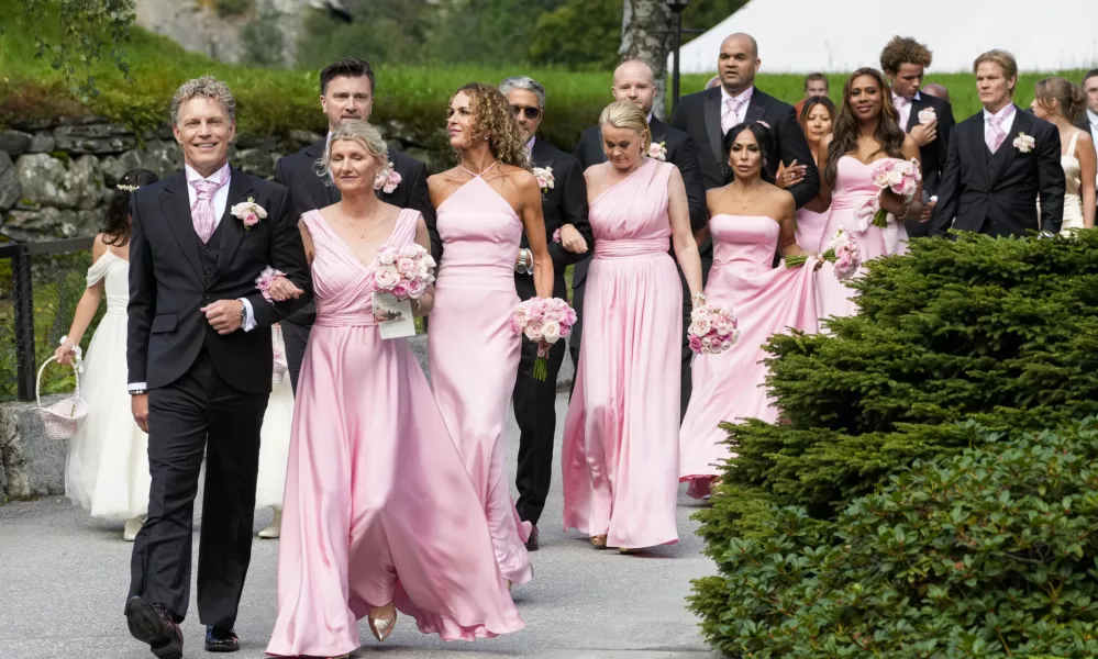 Bridesmaids attend the wedding of Norway's Princess Martha Louise and Durek Verrett, in Geiranger, Norway, Saturday Aug. 31, 2024. (Cornelius Poppe/NTB via AP)