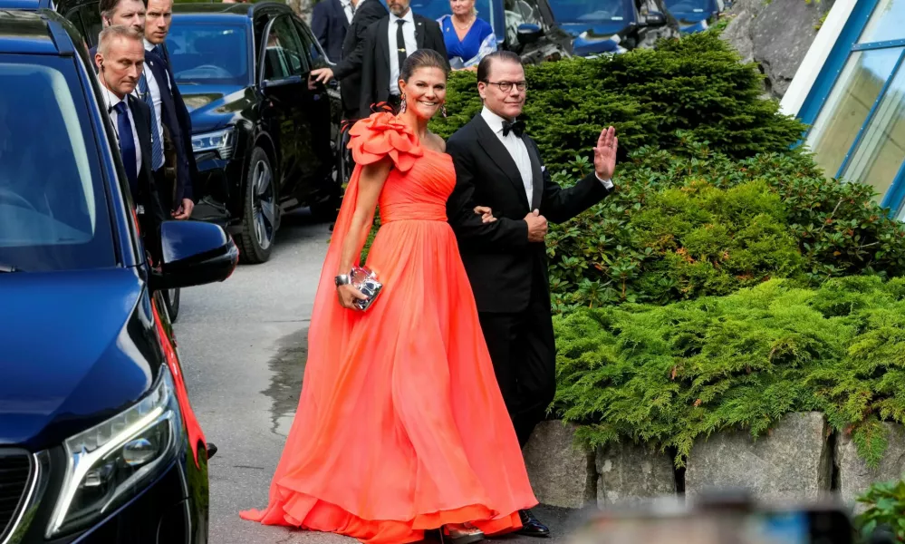 Sweden's Crown Princess Victoria and Prince Daniel walk outside Hotel Union at Vinjevollen on the day of the wedding of Norway's Princess Martha Louise and Durek Verrett, in Geiranger, Norway, August 31, 2024. NTB/Cornelius Poppe via REUTERS  ATTENTION EDITORS - THIS IMAGE WAS PROVIDED BY A THIRD PARTY. NORWAY OUT. NO COMMERCIAL OR EDITORIAL SALES IN NORWAY.