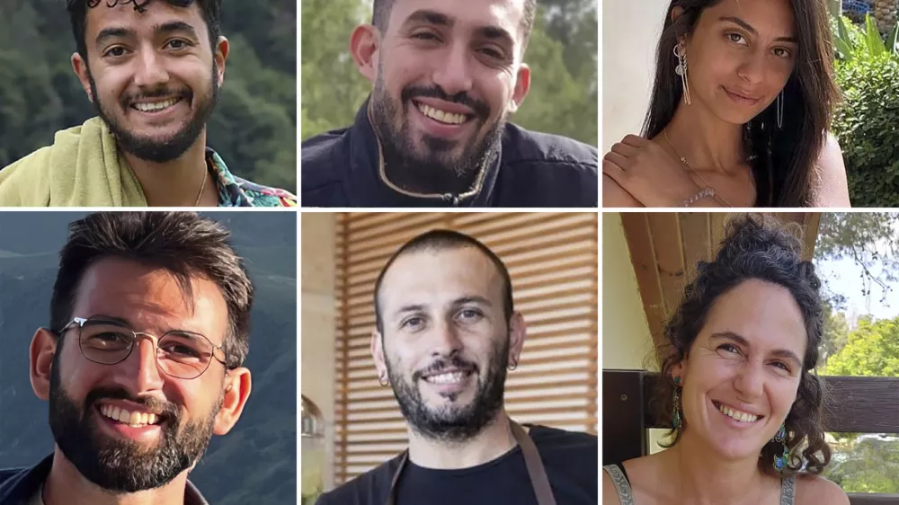 This combination of six undated photos shows hostages, from top left, Hersh Goldberg-Polin, Ori Danino, Eden Yerushalmi, from bottom left, Almog Sarusi, Alexander Lobanov, and Carmel Gat, who were held hostage by Hamas militants in Gaza. On Sunday, Sept. 1, 2024, the Hostages Families Forum announced their deaths while in Hamas captivity. (The Hostages Families Forum via AP)