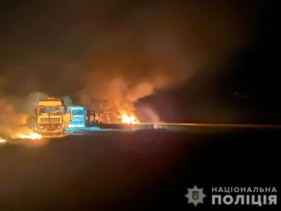 A view shows grain trucks which were hit by a Russian missile strike, amid Russia's attack on Ukraine, in Sumy region, Ukraine, in this handout picture released September 1, 2024. Press service of the National Police of Ukraine/Handout via REUTERS ATTENTION EDITORS - THIS IMAGE HAS BEEN SUPPLIED BY A THIRD PARTY. DO NOT OBSCURE LOGO. BEST QUALITY AVAILABLE.