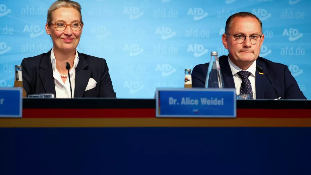 Germany's Alternative for Germany (AfD) party co-leaders Alice Weidel and Tino Chrupalla hold a press conference after state elections in Saxony and Thuringia, in Berlin, Germany September 2, 2024. REUTERS/Lisi Niesner