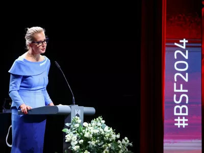 Yulia Navalnaya, the widow of late Russian opposition leader Alexei Navalny, speaks during the 2024 edition of the Bled Strategic Forum, in Slovenia, September 2, 2024. REUTERS/Borut Zivulovic