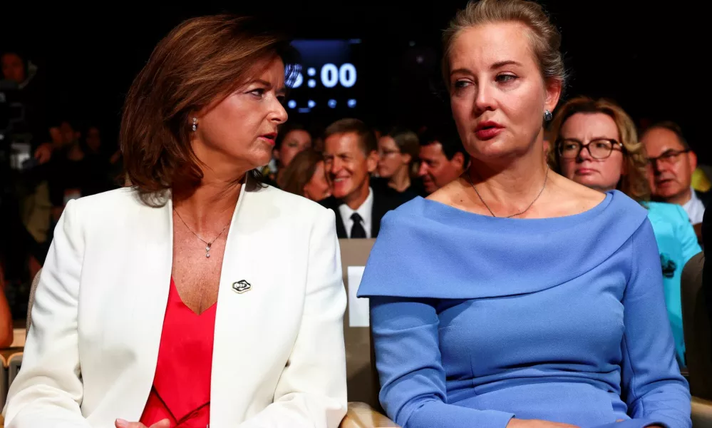 Slovenia's Deputy Prime Minister and Minister of Foreign and European Affairs Tanja Fajon speaks with Yulia Navalnaya, the widow of late Russian opposition leader Alexei Navalny, as they attend the opening of the 2024 edition of the Bled Strategic Forum in Slovenia, September 2, 2024. REUTERS/Borut Zivulovic