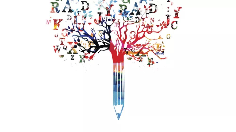 Colorful pencil tree vector illustration with font letters. Typeset design for news, creative writing, storytelling, blogging, education, book cover, article and website content writing, copywriting / Foto: Proksima