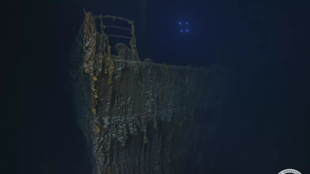 This image released on Monday, Sept. 2, 2024, shows the bow of the Titanic with a large section of the deck railing now missing photographed this summer by a company with salvage rights to the wreck site on its first expedition there in many years. (RMS Titanic Inc. via AP)