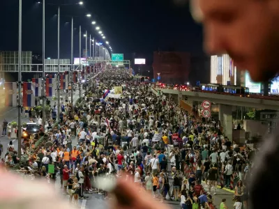 People block a highway during a protest against Rio Tinto's lithium mining project, in Belgrade, Serbia, August 10, 2024. REUTERS/Zorana Jevtic