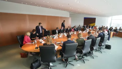 The German government with German Chancellor Olaf Scholz, center background, meets for the weekly cabinet meeting at the chancellery in Berlin, Germany, Wednesday, Sept. 4, 2024. (AP Photo/Markus Schreiber)