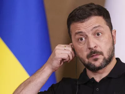 Ukrainian President Volodymyr Zelenskyy speaks during a joint press conference with Netherlands' Prime Minister Dick Schoof in Zaporizhzhia, Ukraine, Monday Sept. 2, 2024. (AP Photo/Evgeniy Maloletka)