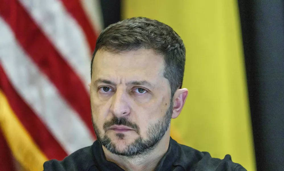 Ukrainian President Volodymyr Zelenskyy takes part in the Ukraine Contact Group meeting at Ramstein Air Base, Friday, Sept.6, 2024. (Andreas Arnold/dpa via AP)