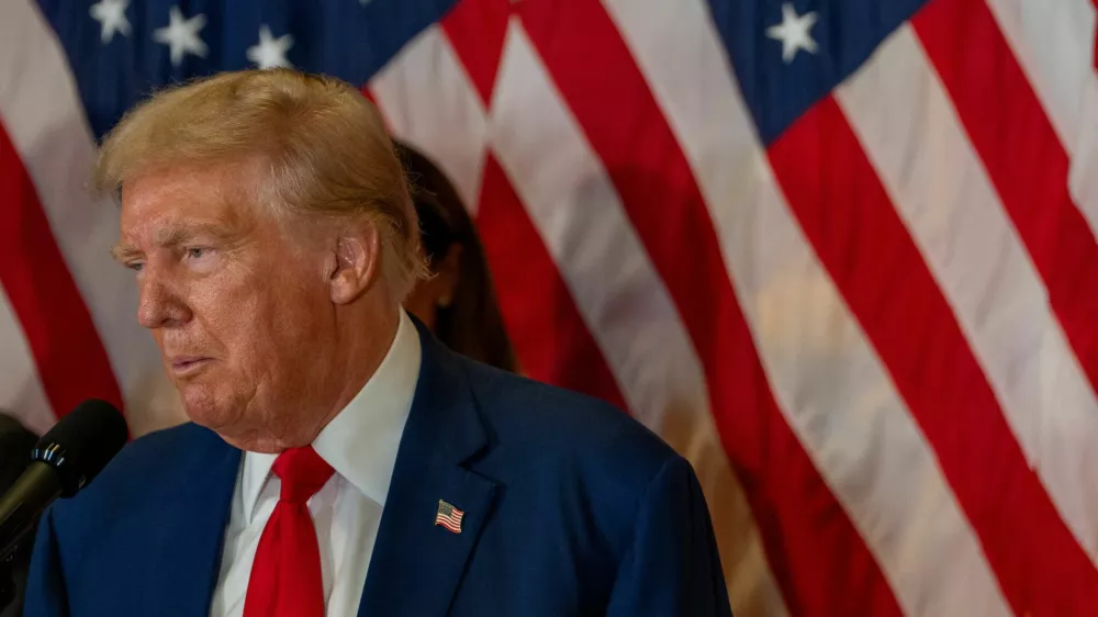 Republican presidential nominee and former U.S. President Donald Trump looks on during a press conference at Trump Tower in New York City, U.S., September 6, 2024. REUTERS/David Dee Delgado