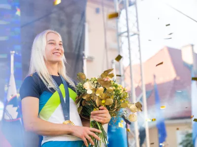 Slovenj Gradec.Sprejem sportne plezalke Janje Garnbret po vrnitvi z olimpijskih iger v Parizu.